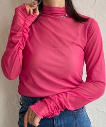 She's Closet（シーズクローゼット）の「袖シャーリングメロウフリルプチハイネック長袖シアートップス（Tシャツ/カットソー・レディース・ピンク系）」