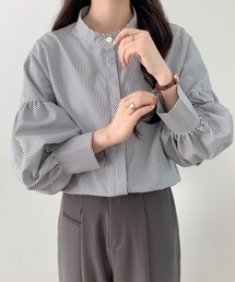 バルーンスリーブバンドカラーストライプ柄シャツ