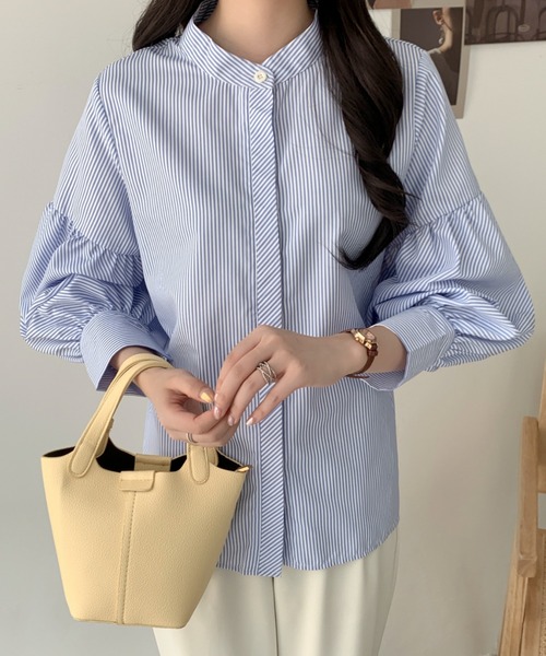 ABITOKYO(アビトーキョー)の「バルーンスリーブバンドカラーストライプ柄シャツ(シャツ/ブラウス・レディース・グリーン/ブルー/ブラック・M/L)」の14枚目の写真