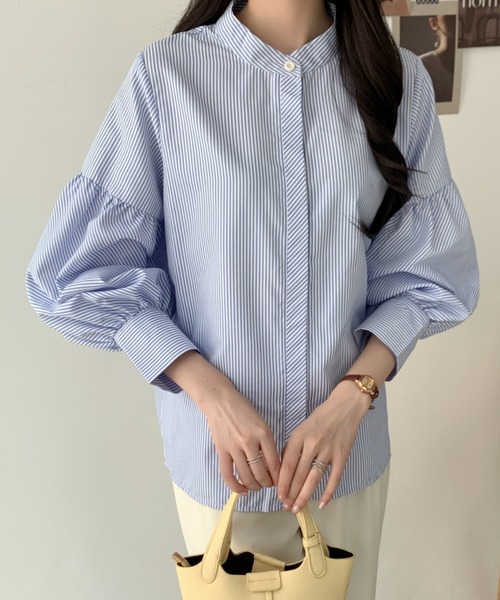 ABITOKYO(アビトーキョー)の「バルーンスリーブバンドカラーストライプ柄シャツ(シャツ/ブラウス・レディース・グリーン/ブルー/ブラック・M/L)」の11枚目の写真