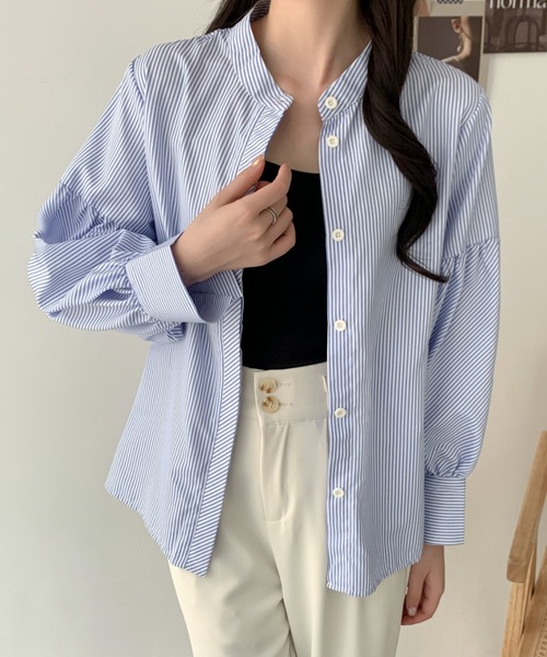 ABITOKYO(アビトーキョー)の「バルーンスリーブバンドカラーストライプ柄シャツ(シャツ/ブラウス・レディース・グリーン/ブルー/ブラック・M/L)」の18枚目の写真