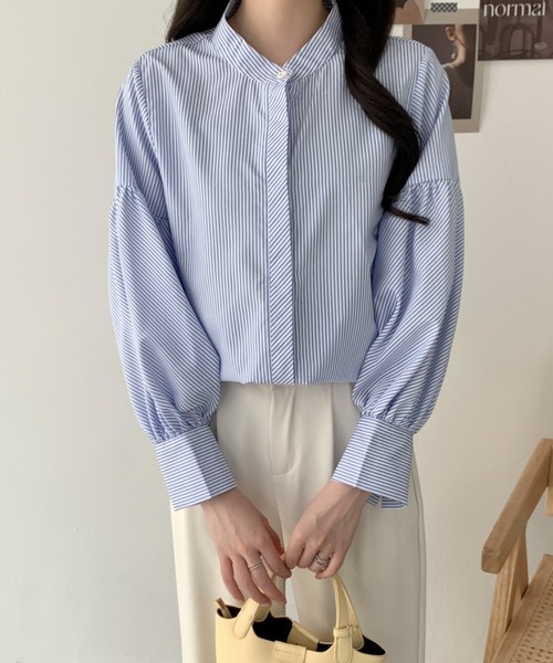 ABITOKYO(アビトーキョー)の「バルーンスリーブバンドカラーストライプ柄シャツ(シャツ/ブラウス・レディース・グリーン/ブルー/ブラック・M/L)」の21枚目の写真