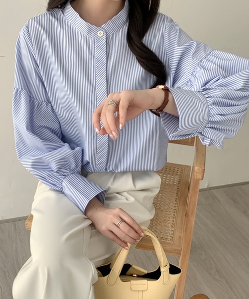 ABITOKYO(アビトーキョー)の「バルーンスリーブバンドカラーストライプ柄シャツ(シャツ/ブラウス・レディース・グリーン/ブルー/ブラック・M/L)」の22枚目の写真
