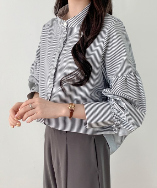 ABITOKYO(アビトーキョー)の「バルーンスリーブバンドカラーストライプ柄シャツ(シャツ/ブラウス・レディース・グリーン/ブルー/ブラック・M/L)」の15枚目の写真