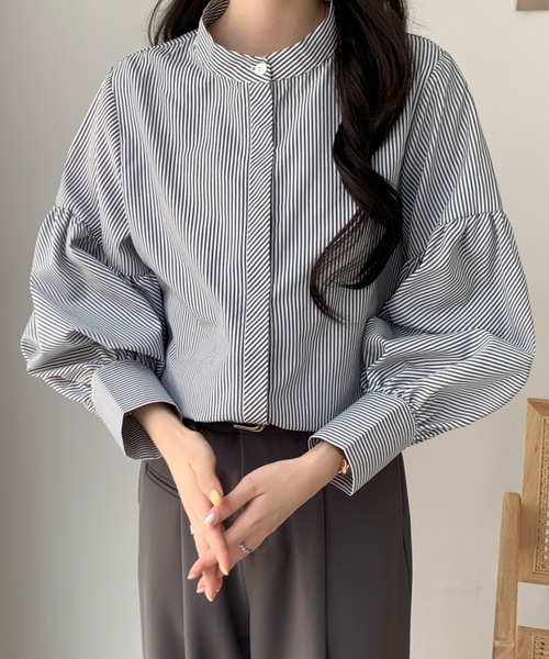 ABITOKYO(アビトーキョー)の「バルーンスリーブバンドカラーストライプ柄シャツ(シャツ/ブラウス・レディース・グリーン/ブルー/ブラック・M/L)」の12枚目の写真