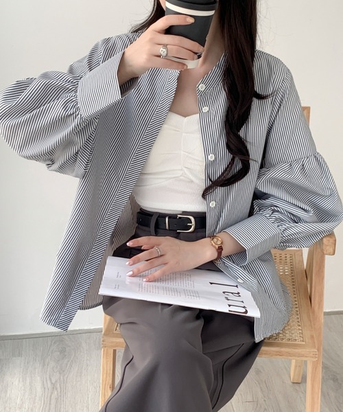 ABITOKYO(アビトーキョー)の「バルーンスリーブバンドカラーストライプ柄シャツ(シャツ/ブラウス・レディース・グリーン/ブルー/ブラック・M/L)」の8枚目の写真