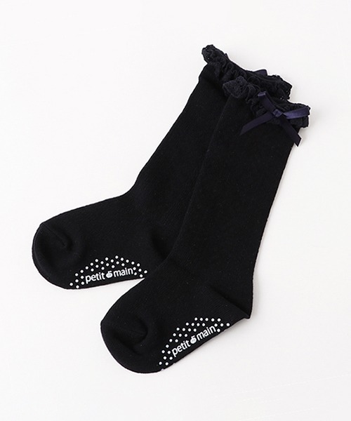 petit main（プティマイン）の「入卒リボン付きハイソックス（ソックス/靴下・キッズ・オフホワイト/ネイビー・S/M/L）」の2枚目の写真