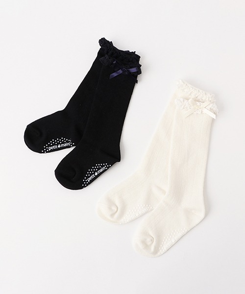 petit main（プティマイン）の「入卒リボン付きハイソックス（ソックス/靴下・キッズ・オフホワイト/ネイビー・S/M/L）」の6枚目の写真