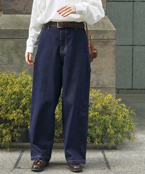 MONO-MART LADY'S（モノマートレディース）の「ハイウエストワイドストレートペインターパンツ（デニムパンツ・レディース・インディゴブルー/グレー/サックスブルー/カーキ・S/M）」の13枚目の写真