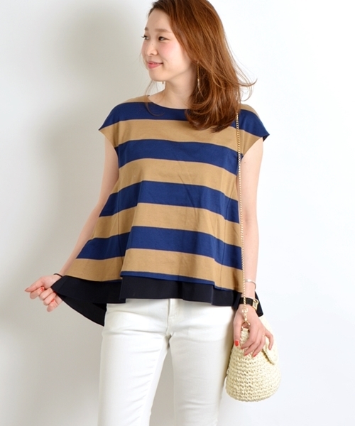 SHIPS for women（シップスフォーウィメン）の「★★カノコボーダー布帛コンビ◇（Tシャツ/カットソー・レディース・ブラック/ベージュ/キャメル・38/36）」の3枚目の写真