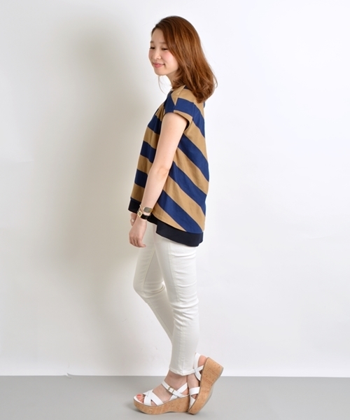 SHIPS for women（シップスフォーウィメン）の「★★カノコボーダー布帛コンビ◇（Tシャツ/カットソー・レディース・ブラック/ベージュ/キャメル・38/36）」の6枚目の写真