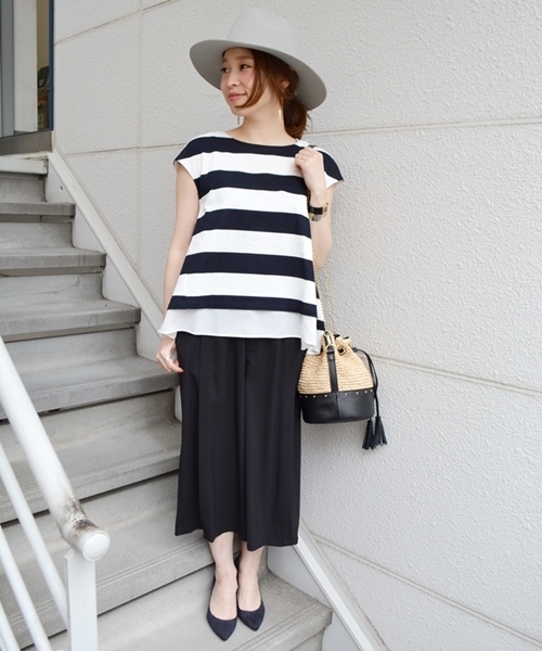 SHIPS for women（シップスフォーウィメン）の「★★カノコボーダー布帛コンビ◇（Tシャツ/カットソー・レディース・ブラック/ベージュ/キャメル・38/36）」の9枚目の写真