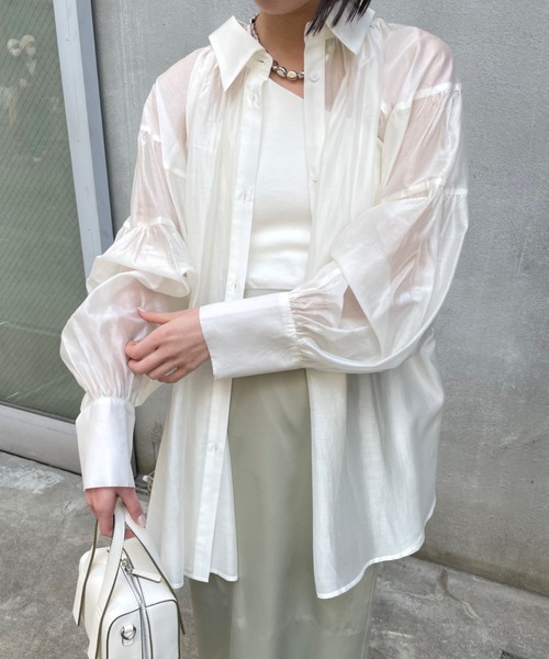 mline（エムライン）の「[mline]シアーギャザーシャツ（シャツ/ブラウス・レディース・ネイビー/グレー/オフホワイト/パープル・FREE）」の6枚目の写真