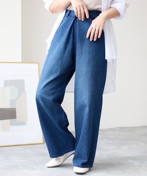 Social GIRL(ソーシャルガール)の「ハイウエストホックタックワイドデニムパンツ(デニムパンツ・レディース・ブラック/サックスブルー/オフホワイト/ブルー・M/L)」の4枚目の写真