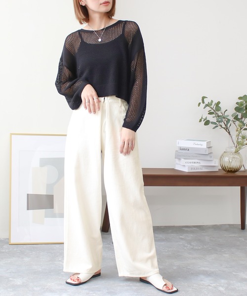 Social GIRL(ソーシャルガール)の「ハイウエストホックタックワイドデニムパンツ(デニムパンツ・レディース・ブラック/サックスブルー/オフホワイト/ブルー・M/L)」の7枚目の写真