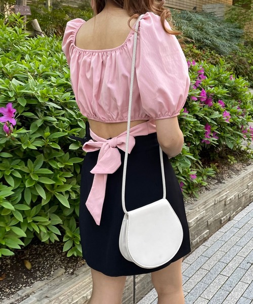 バックリボン 半袖 ブラウス 2WAY 上品 体系カバー 白 レディース ﾊﾞｯｸﾘﾎﾞﾝ2way半袖ﾌﾞﾗｳｽ（シャツ/ブラウス）｜SPIGA（スピーガ