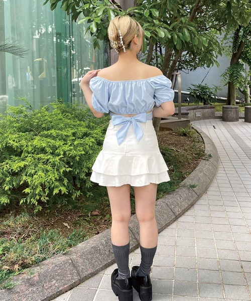 バックリボン 半袖 ブラウス 2WAY 上品 体系カバー 白 レディース ﾊﾞｯｸﾘﾎﾞﾝ2way半袖ﾌﾞﾗｳｽ（シャツ/ブラウス）｜SPIGA（スピーガ