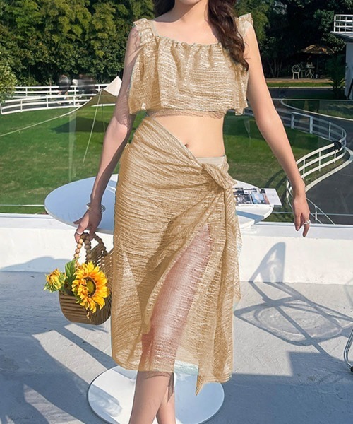 シアーレースパレオ付きビキニ3点セット水着（水着）｜Dalfwin