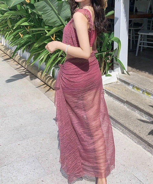 3wayシースルーパレオ Dalfwin 水着 シアーレースパレオ付きビキニ3点セット水着