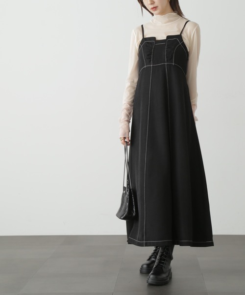 FREE'S MART（フリーズマート）の「【低身長サイズ/Sシリーズ】◆配色ステッチフレアキャミワンピース（ワンピース・レディース・ブラック/ベージュ・SMALL/X-SMALL/MEDIUM）」の13枚目の写真