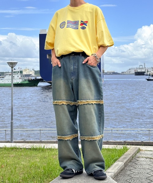 再構築 USラグ リメイク ひまわり 花柄 フリンジ フレア ドッキングデニム Perushu（ペルーシュ）の「フリンジ切り替えフラワーデニム