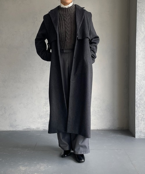 &g'aime（アンジェム）の「【&g'aime】ベルテッドベストレイヤードウール混ロングコート（チェスターコート・レディース・チャコールグレー/ブラック・FREE）」の15枚目の写真