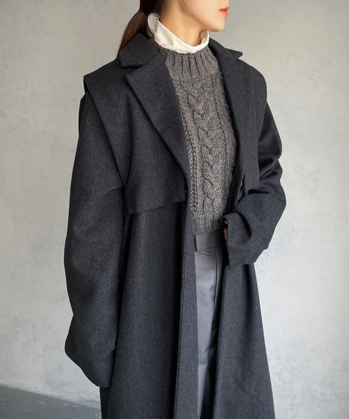 &g'aime（アンジェム）の「【&g'aime】ベルテッドベストレイヤードウール混ロングコート（チェスターコート・レディース・チャコールグレー/ブラック・FREE）」の20枚目の写真