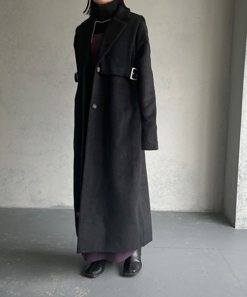 &g'aime（アンジェム）の「【&g'aime】ベルテッドベストレイヤードウール混ロングコート（チェスターコート・レディース・チャコールグレー/ブラック・FREE）」の3枚目の写真