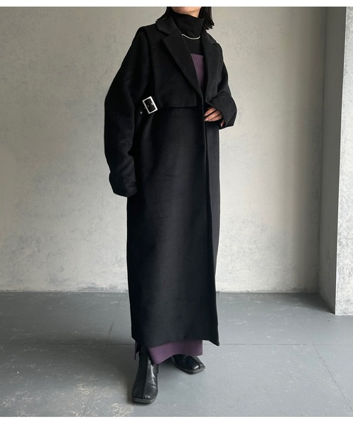 &g'aime（アンジェム）の「【&g'aime】ベルテッドベストレイヤードウール混ロングコート（チェスターコート・レディース・チャコールグレー/ブラック・FREE）」の5枚目の写真