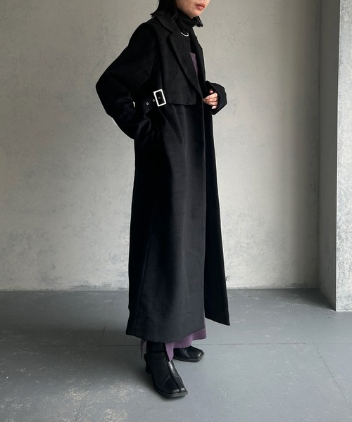 &g'aime（アンジェム）の「【&g'aime】ベルテッドベストレイヤードウール混ロングコート（チェスターコート・レディース・チャコールグレー/ブラック・FREE）」の6枚目の写真