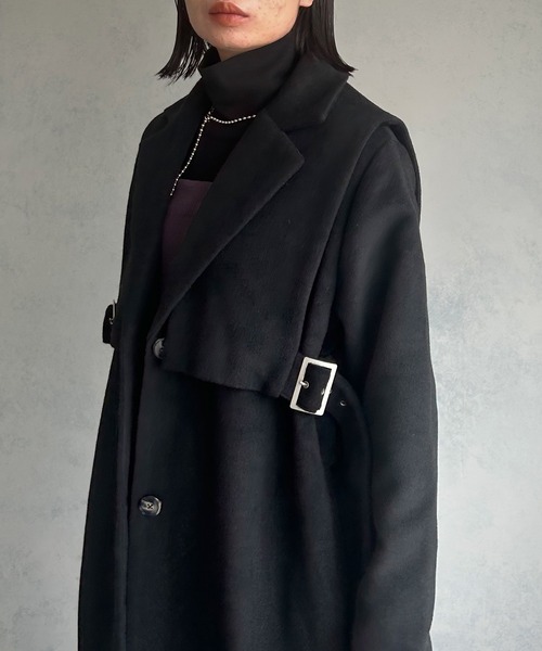 &g'aime（アンジェム）の「【&g'aime】ベルテッドベストレイヤードウール混ロングコート（チェスターコート・レディース・チャコールグレー/ブラック・FREE）」の13枚目の写真