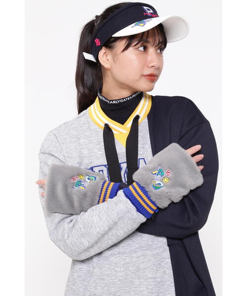 新品PEARLY GATES フェイクファー指ぬきミトン カレッジロゴ グレー PEARLY GATES】フェイクファー指ぬきミトン (UNISEX) ＜カレッジロゴ