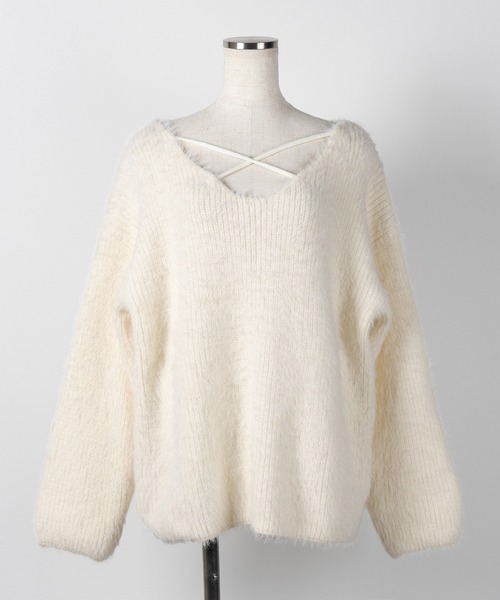 me+em select(ミームセレクト)の「【 5color 】クロスストラップカットアウトルーズシャギーニット(ニット/セーター・レディース・アイボリー/ブラック/ブルーグレー/チャコール/ピンク・FREE)」の16枚目の写真