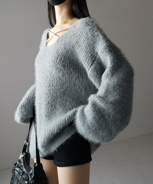 ♡E♡ 　ニット　グレー　1 5color 】クロスストラップカットアウトルーズシャギーニット（ニット