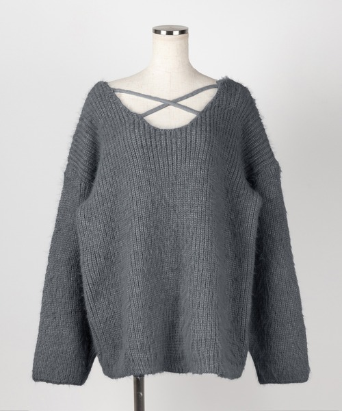 ♡E♡ 　ニット　グレー　1 5color 】クロスストラップカットアウトルーズシャギーニット（ニット
