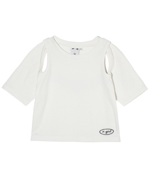 X-girl(エックスガール)の「CURSIVE LOGO SHOULDER SLIT TOP(Tシャツ/カットソー・レディース・ブラック/オリーブ/ホワイト・S/M)」の2枚目の写真