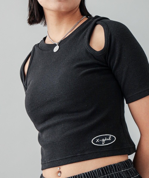 X-girl(エックスガール)の「CURSIVE LOGO SHOULDER SLIT TOP(Tシャツ/カットソー・レディース・ブラック/オリーブ/ホワイト・S/M)」の12枚目の写真