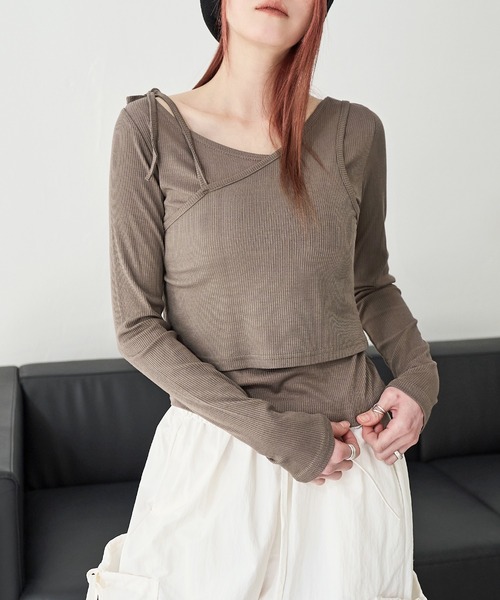 充実の品 アンバランスキャミソールダブルセットリブカットソー（Tシャツ トップス