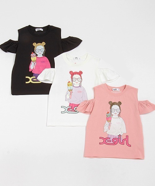 X-girl Stages（エックスガールステージス）の「アイスクリームガール線画肩アキ半袖Tシャツ（Tシャツ/カットソー・キッズ・ブラック/オフホワイト/ピンク・90cm/140cm/130cm/120cm/110cm/100cm）」の7枚目の写真