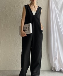 深Vネックノースリーブオールインワンサロペットワイドパンツ