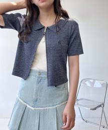 AS KNOW AS plus | ◎ロゴ刺繍 Wジップ衿付き半袖ニットカーディガン(カーディガン/ボレロ)