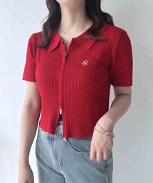 AS KNOW AS plus | ◎ロゴ刺繍 Wジップ衿付き半袖ニットカーディガン(カーディガン/ボレロ)