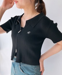 ◎ロゴ刺繍 Wジップ衿付き半袖ニットカーディガン