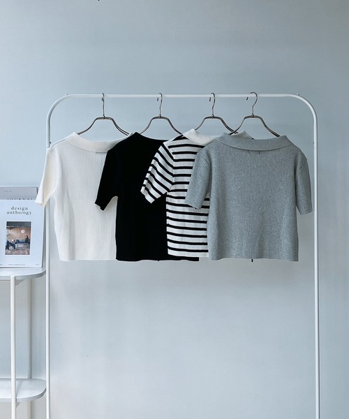 AS KNOW AS plus（アズノゥアズプラス）の「◎ロゴ刺繍 Wジップ衿付き半袖ニットカーディガン（カーディガン/ボレロ・レディース・ブラック/ホワイト×ブラック/オフホワイト/シルバー/レッド/ブルーグレー/ネイビー系/グリーン系/ネイビー/ホワイト系・FREE）」の16枚目の写真