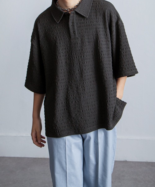 NILWAY（ニルウェイ）の「ジャガードニットルーズポロシャツ/ジャガード ルーズ 半袖ニット ポロシャツ（ポロシャツ・メンズ・アイボリー/ブルー/チャコール/ブラック・LARGE/MEDIUM）」の3枚目の写真