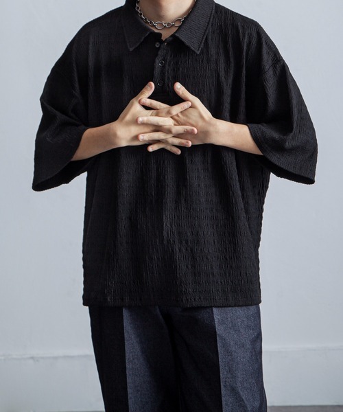 NILWAY（ニルウェイ）の「ジャガードニットルーズポロシャツ/ジャガード ルーズ 半袖ニット ポロシャツ（ポロシャツ・メンズ・アイボリー/ブルー/チャコール/ブラック・LARGE/MEDIUM）」の2枚目の写真