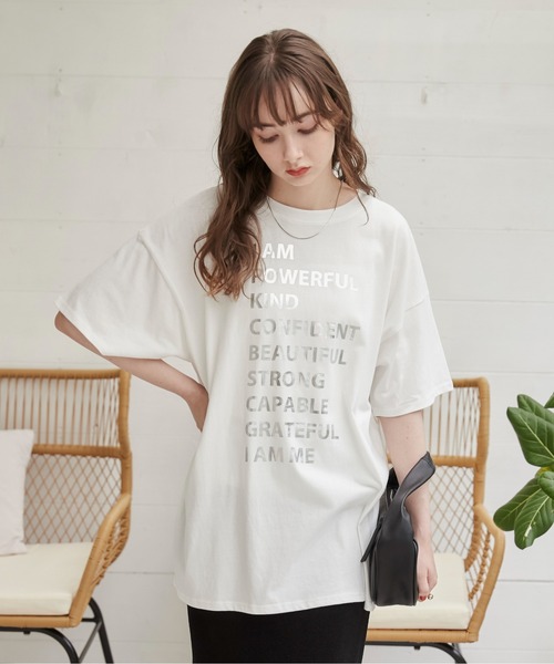 ANGIE(アンジー)の「箔 メタリック プリント オーバーサイズ メッセージT(半袖)(Tシャツ/カットソー・レディース・杢グレー/ブラック/ホワイト・FREE)」の20枚目の写真