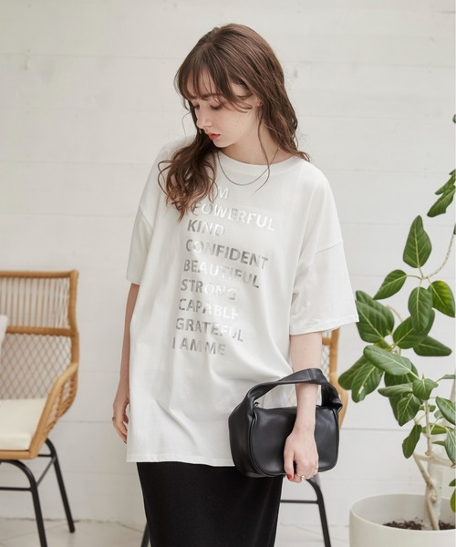ANGIE(アンジー)の「箔 メタリック プリント オーバーサイズ メッセージT(半袖)(Tシャツ/カットソー・レディース・杢グレー/ブラック/ホワイト・FREE)」の21枚目の写真