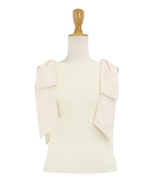 BLUEEAST（ブルーイースト）の「ショルダーリボンノースリリブニット（タンクトップ・レディース・ブルーグレー/オフホワイト/ブラック・MEDIUM）」の6枚目の写真