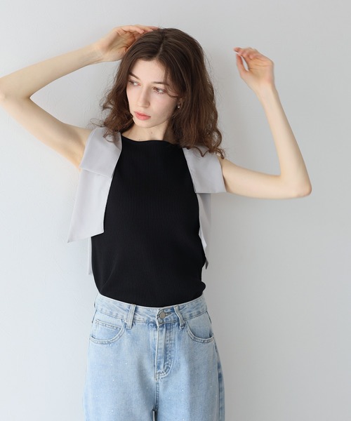 BLUEEAST（ブルーイースト）の「ショルダーリボンノースリリブニット（タンクトップ・レディース・ブルーグレー/オフホワイト/ブラック・MEDIUM）」の21枚目の写真